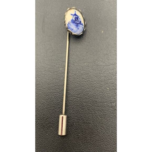 Vintage Delft Blue Porcelain Silver Tone Windmill Stick Pin - Picture 2 of 4